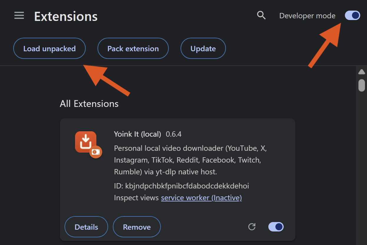 Chrome's chrome://extensions page with Developer mode toggled on and the Load unpacked button highlighted, showing the loaded Yoink It (local) extension card.