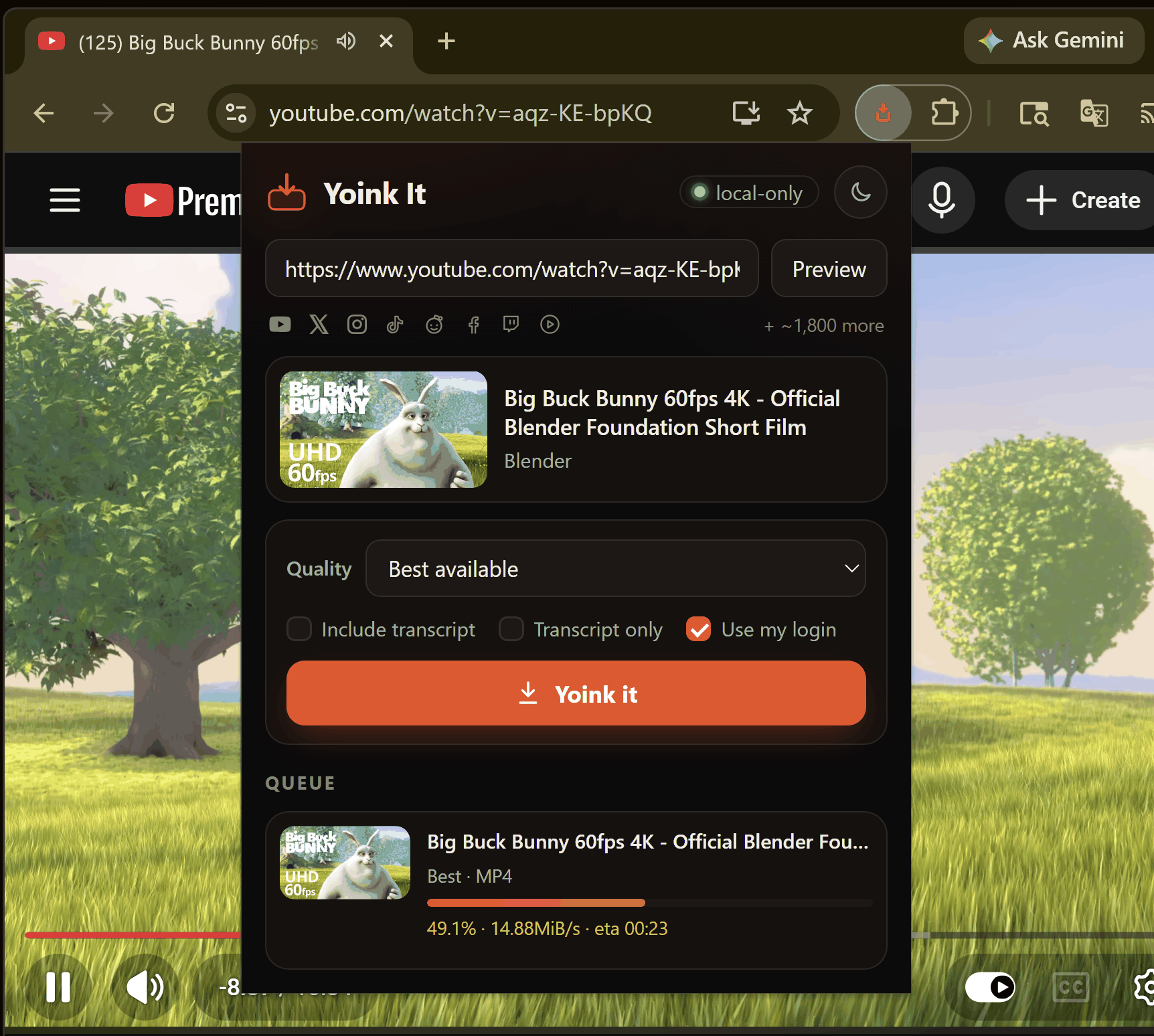The Yoink It popup with a download in progress, showing a queue item with a progress bar at 49 percent, download speed, and ETA.