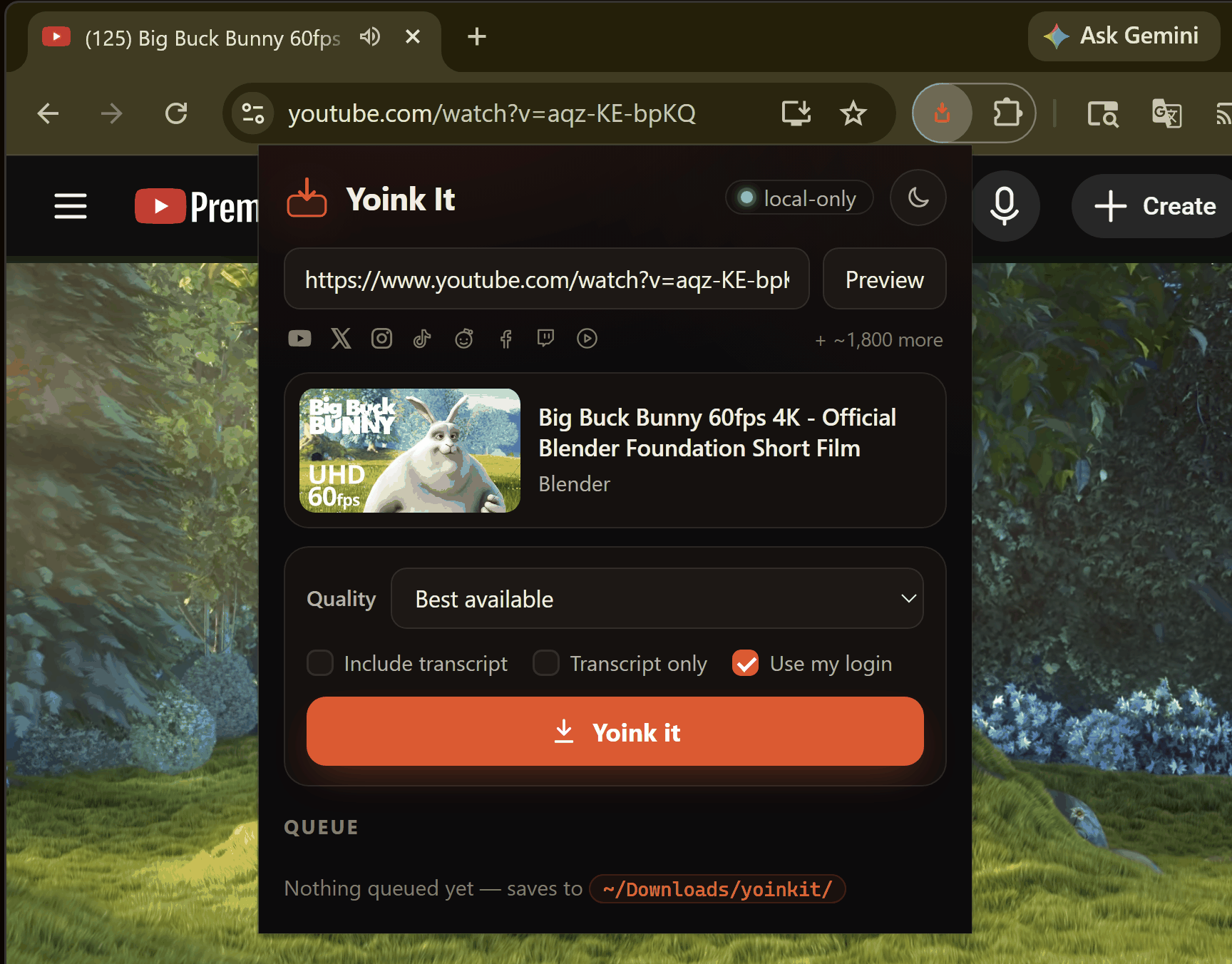 The Yoink It popup open on a YouTube video, showing the URL field, site icons, the video card, the Quality selector, transcript and login checkboxes, and the orange Yoink it button.