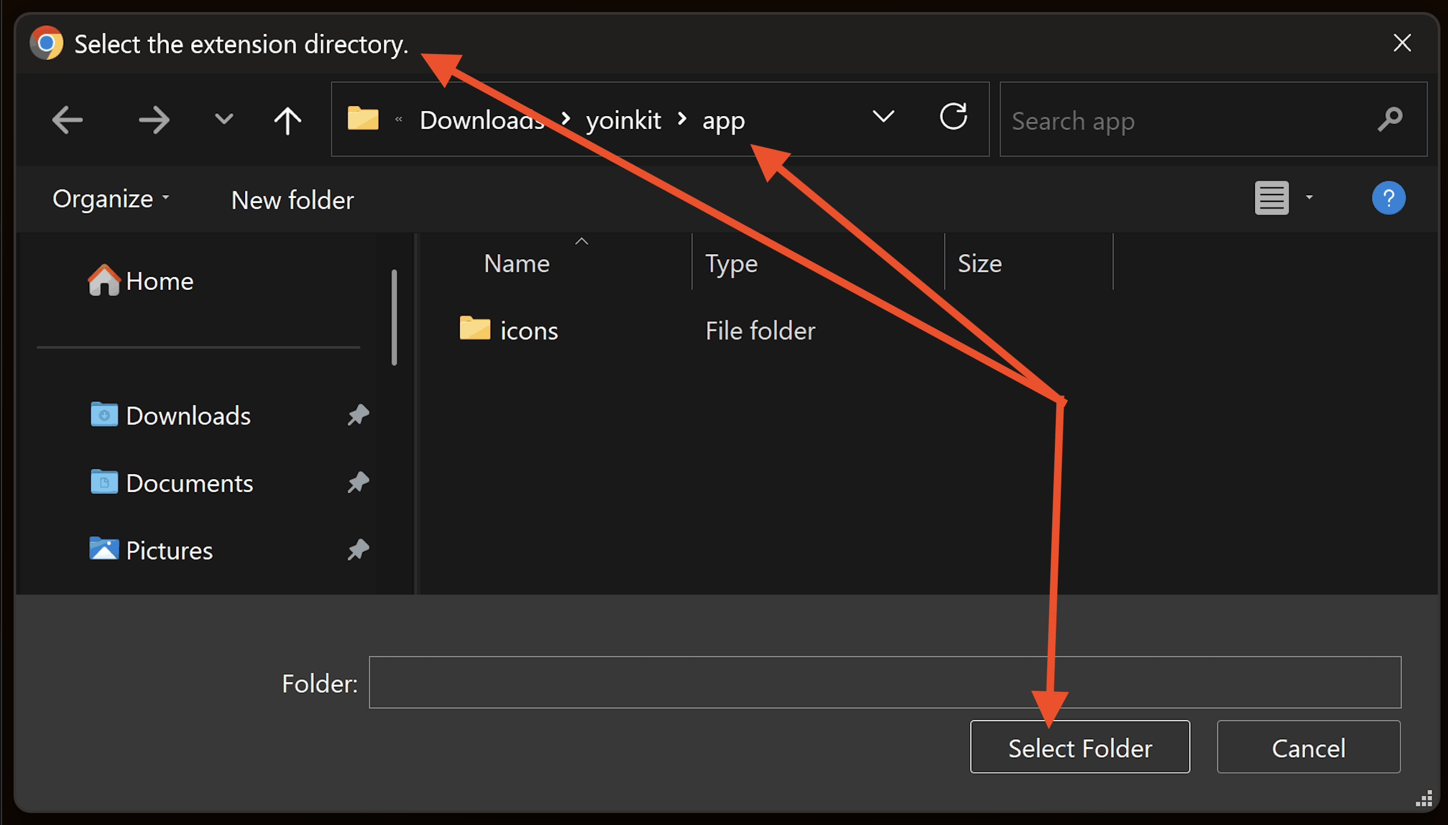Chrome's folder picker open at Downloads › yoinkit › app, with the path and the Select Folder button highlighted.