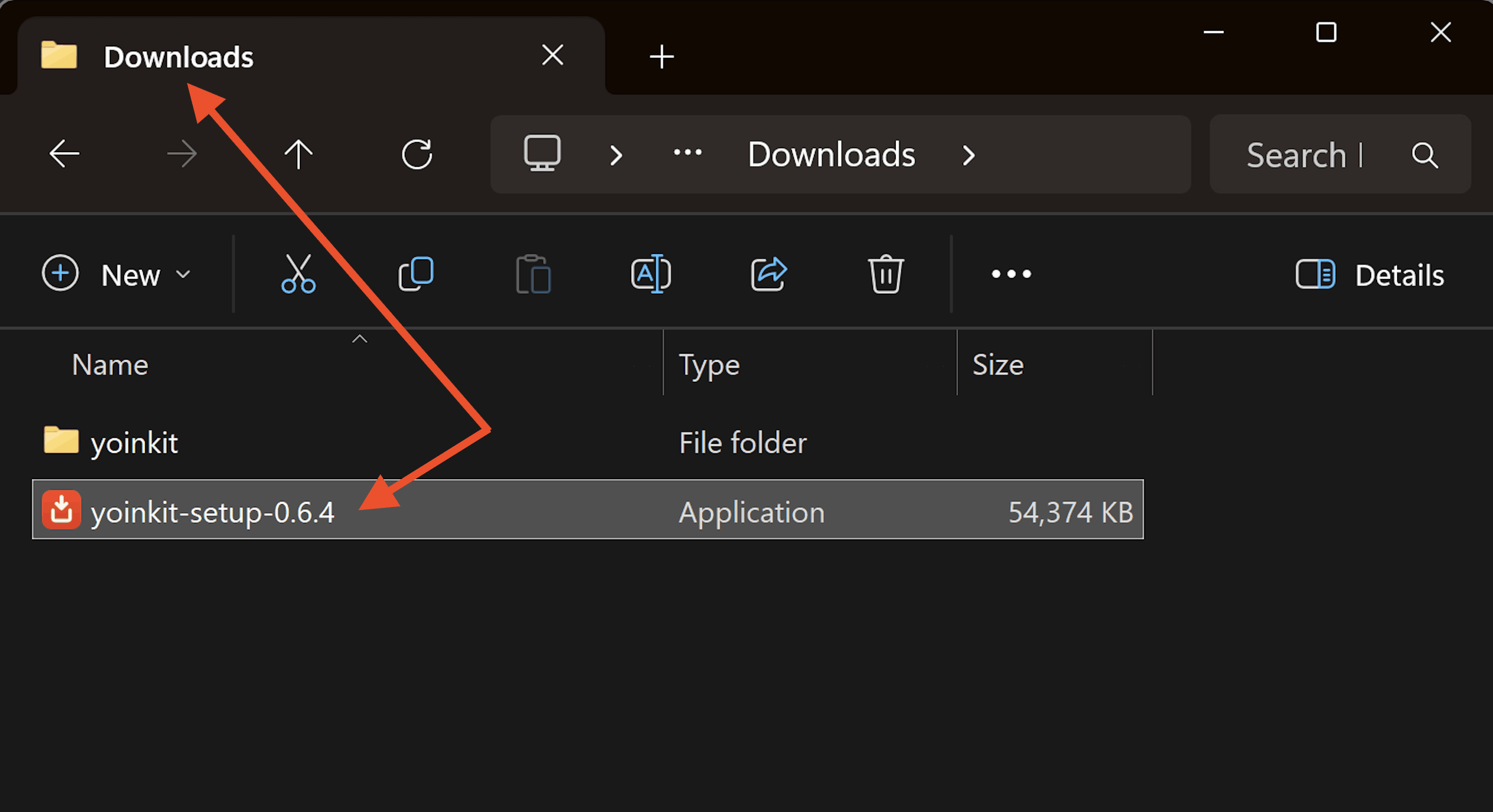 The yoinkit-setup installer file in the Windows Downloads folder in File Explorer, with arrows highlighting it.